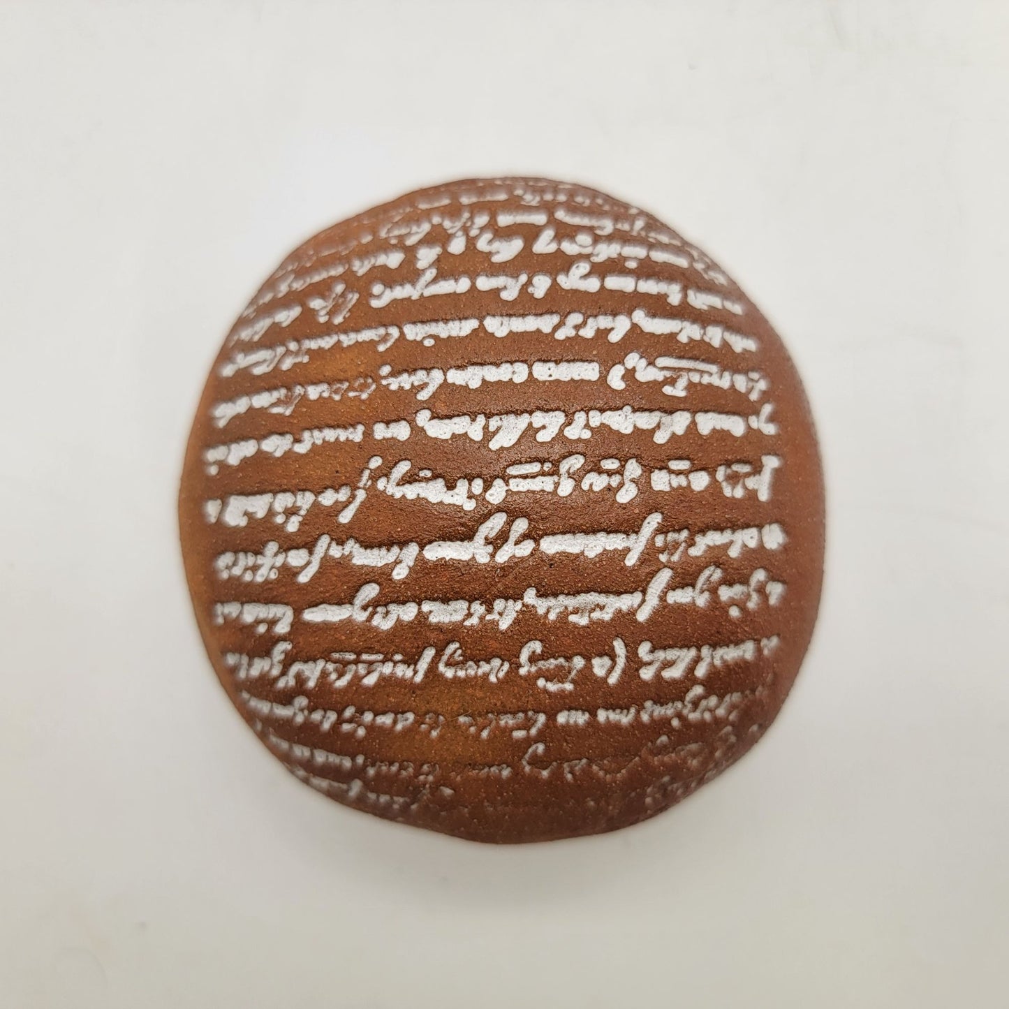 G Marquart Brown Art Pottery Paperweight With Script Design Signed