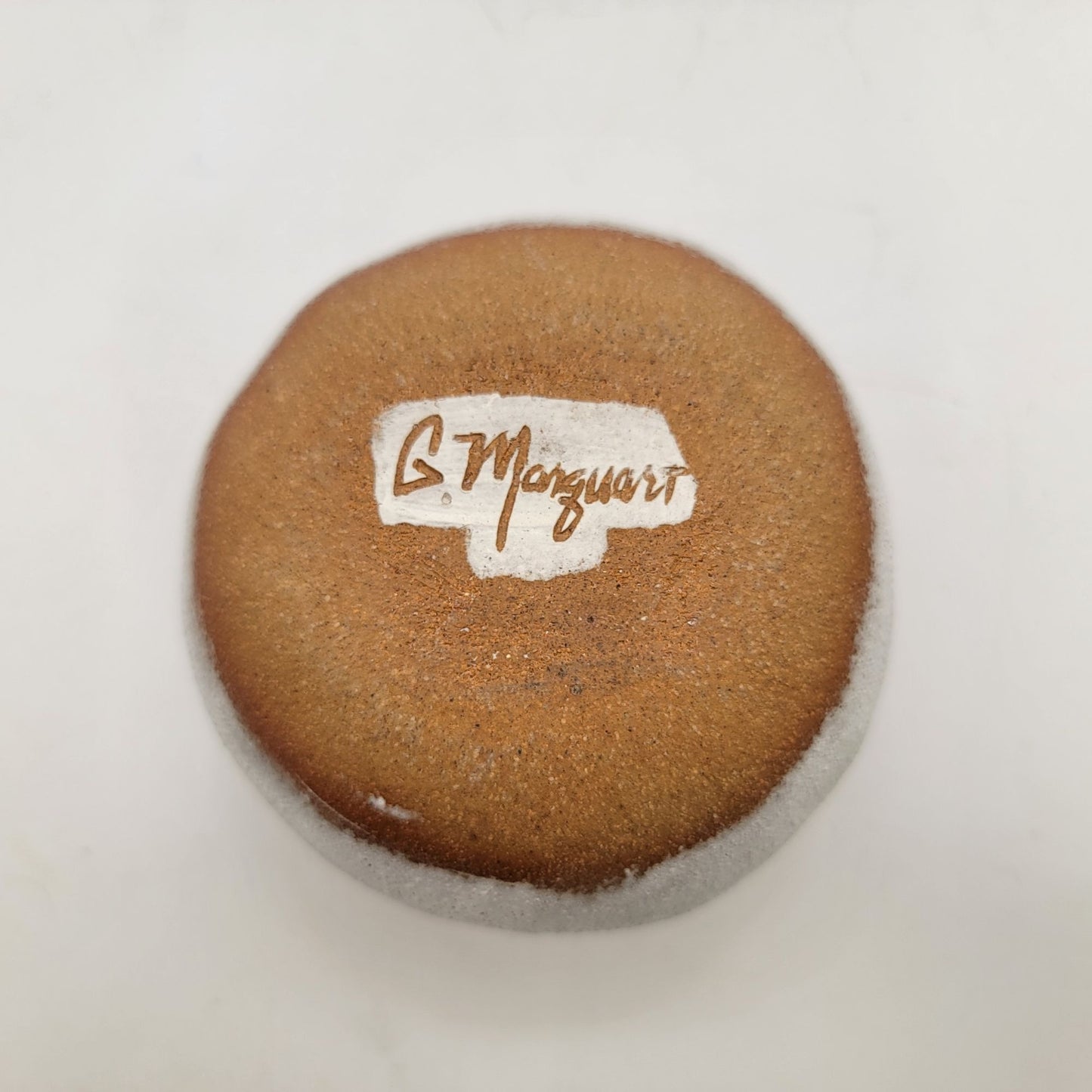 G Marquart Brown Art Pottery Paperweight With Script Design Signed