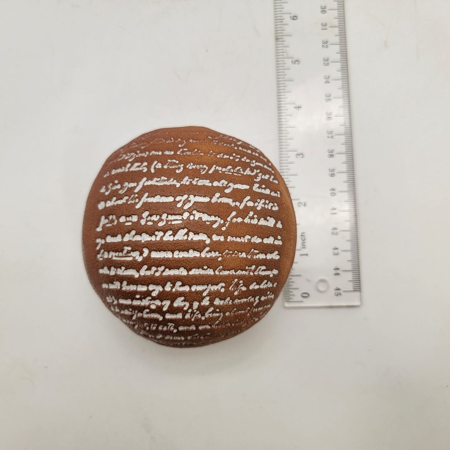 G Marquart Brown Art Pottery Paperweight With Script Design Signed