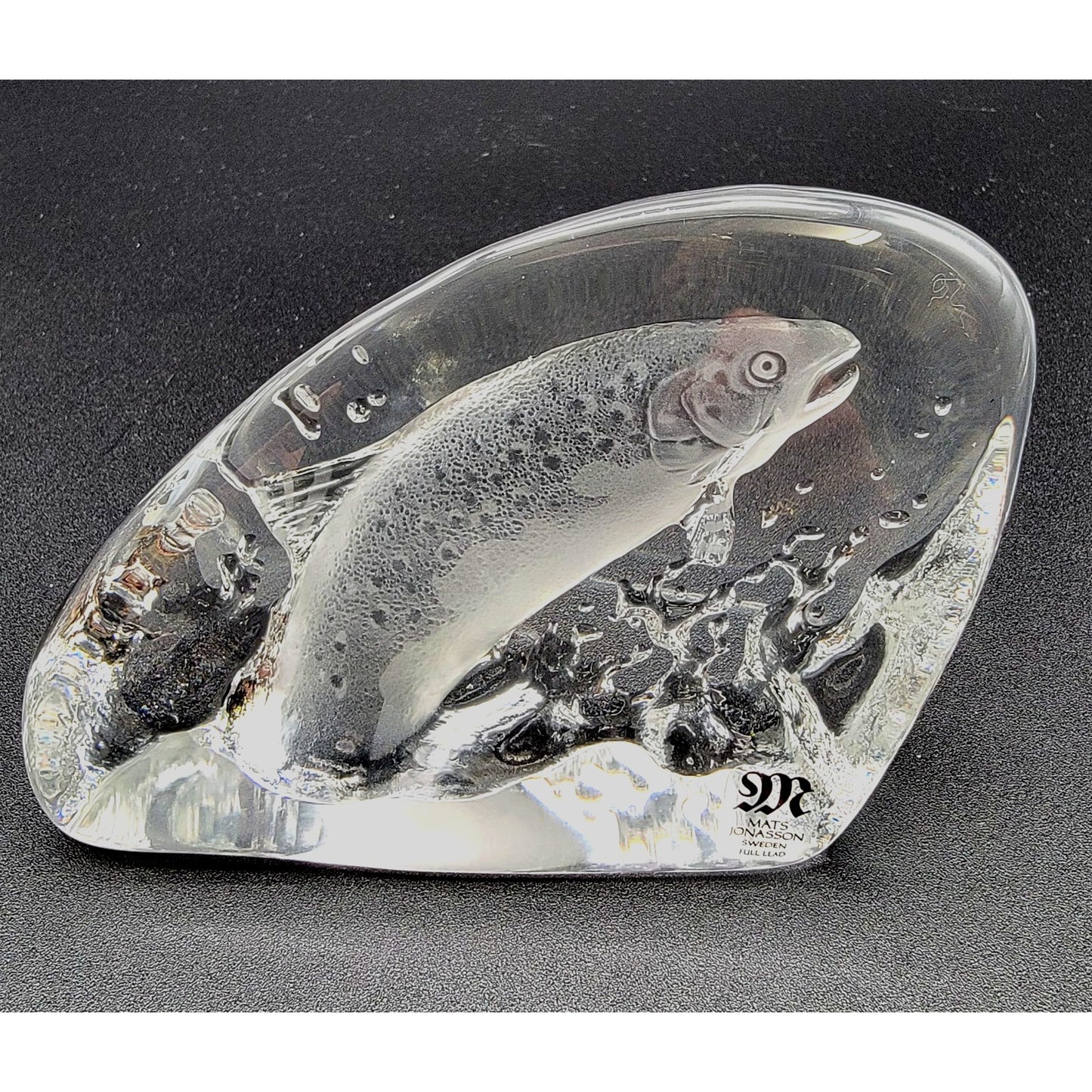 Mats Jonasson Crystal Leaping Salmon Fish Paperweight Signed