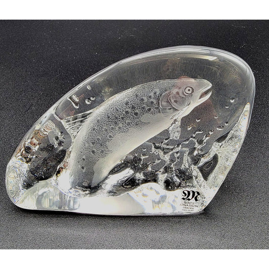Mats Jonasson Crystal Leaping Salmon Fish Paperweight Signed