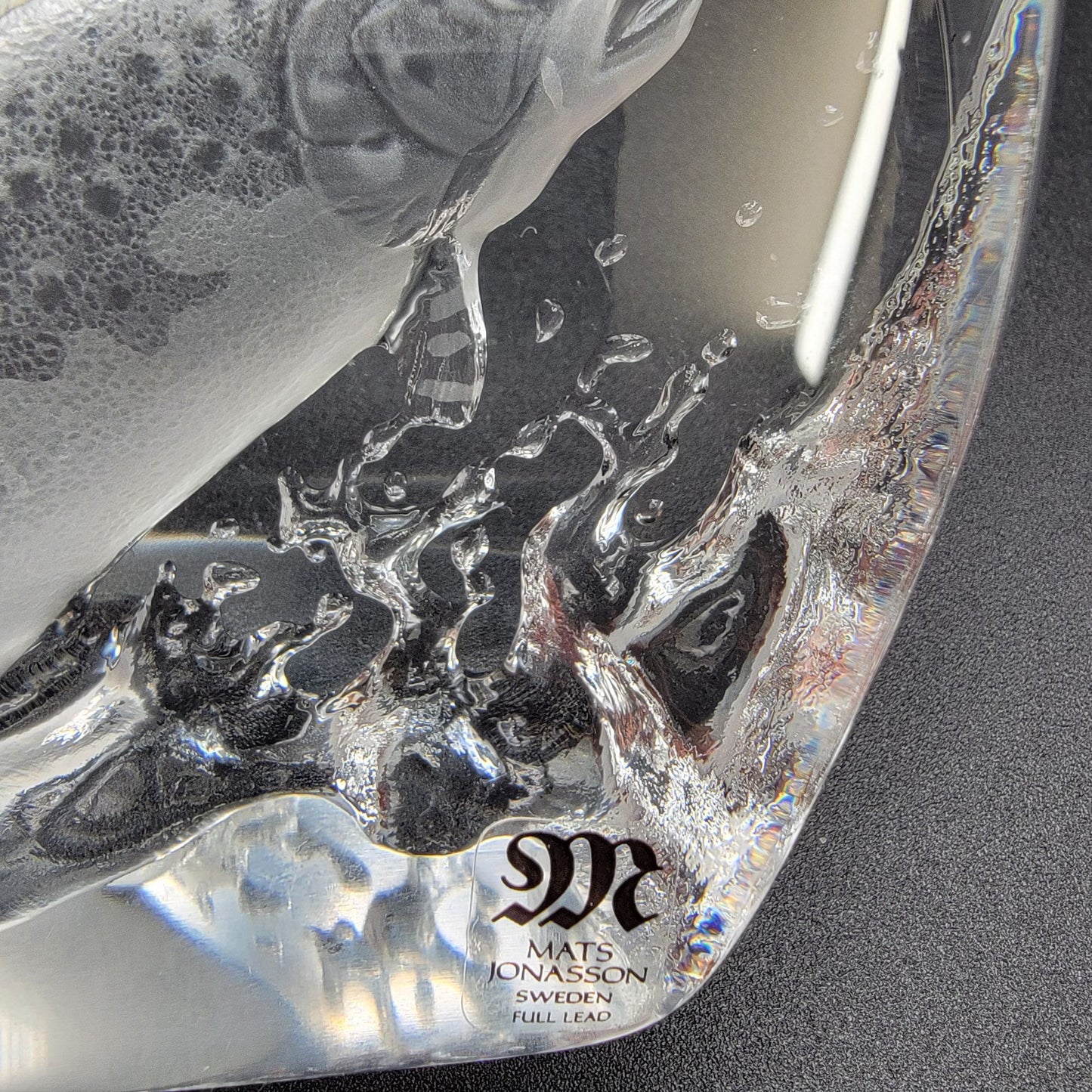 Mats Jonasson Crystal Leaping Salmon Fish Paperweight Signed