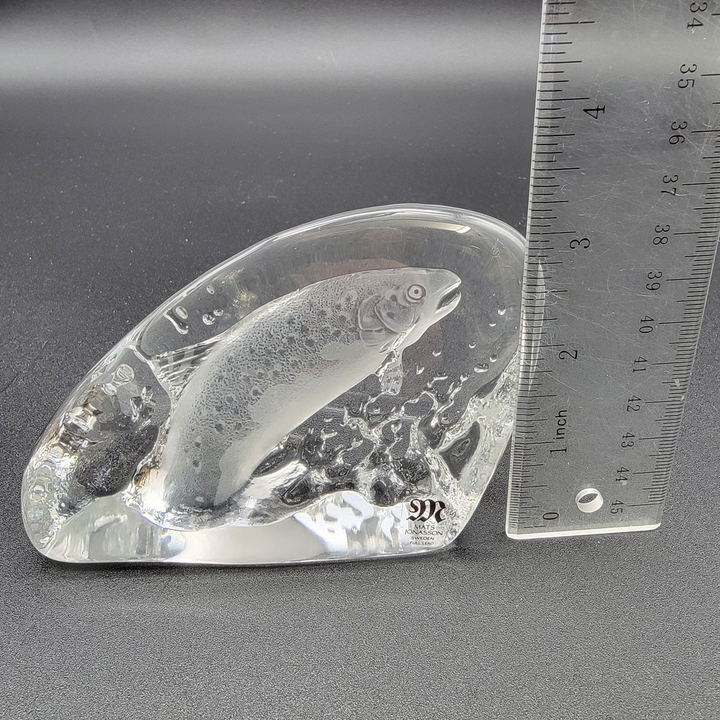 Mats Jonasson Crystal Leaping Salmon Fish Paperweight Signed