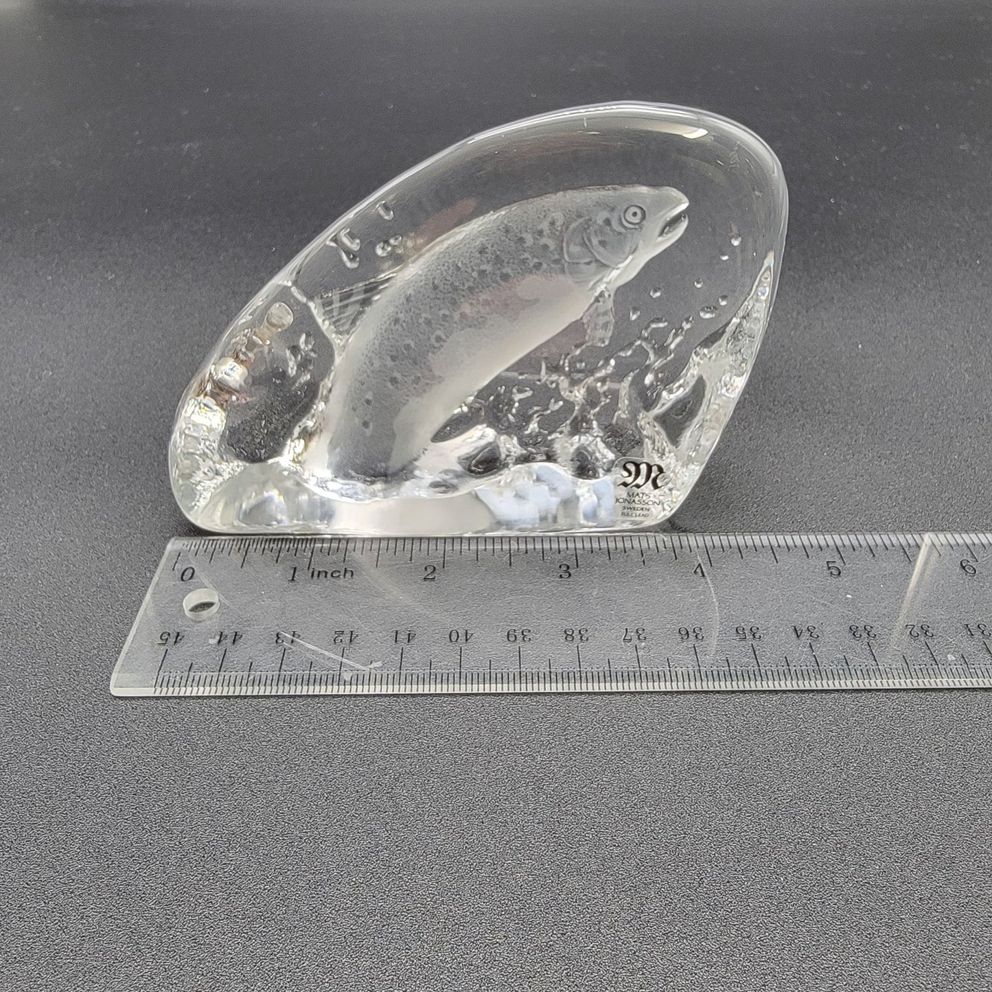 Mats Jonasson Crystal Leaping Salmon Fish Paperweight Signed