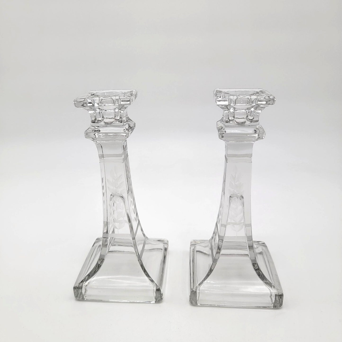 Antique Etched Glass Candlesticks Pair