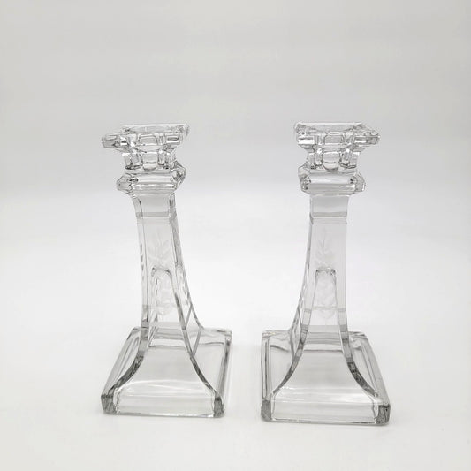 Antique Etched Glass Candlesticks Pair