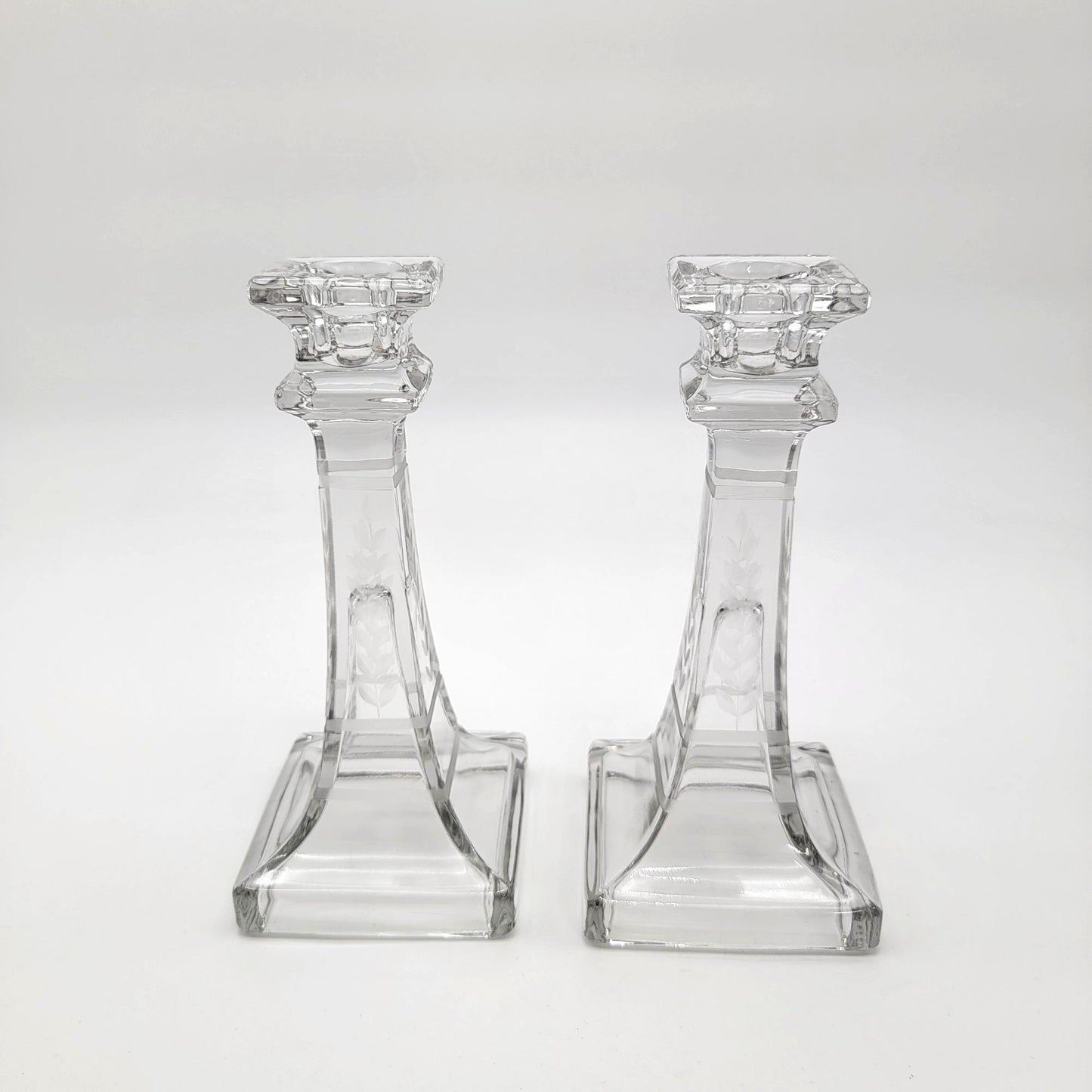 Antique Etched Glass Candlesticks Pair