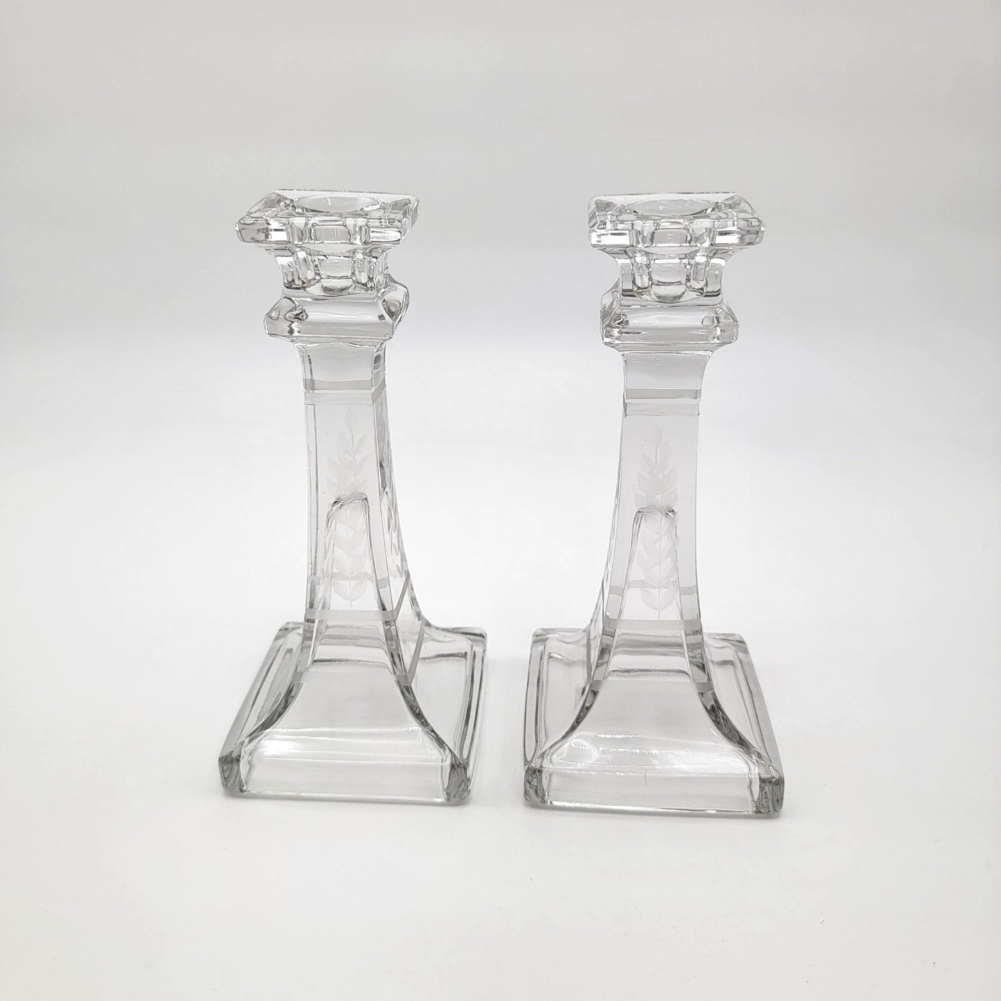 Antique Etched Glass Candlesticks Pair