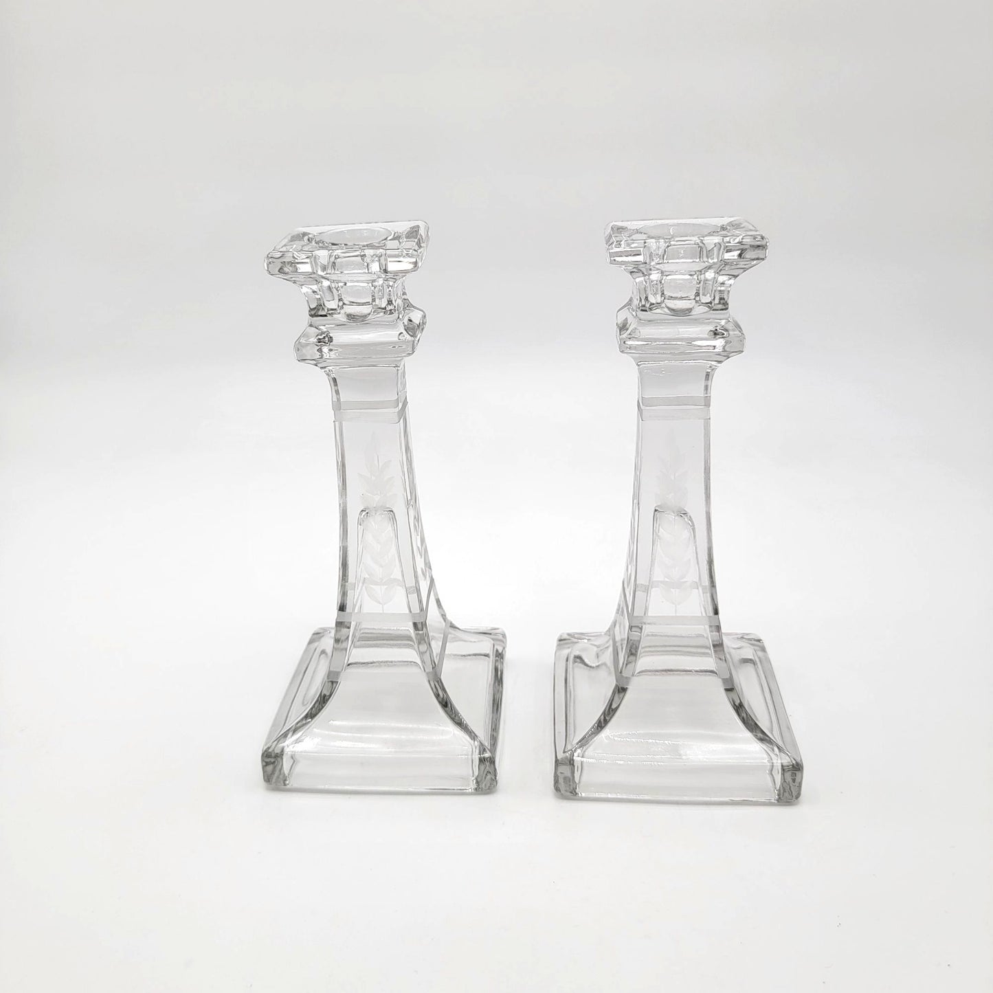 Antique Etched Glass Candlesticks Pair
