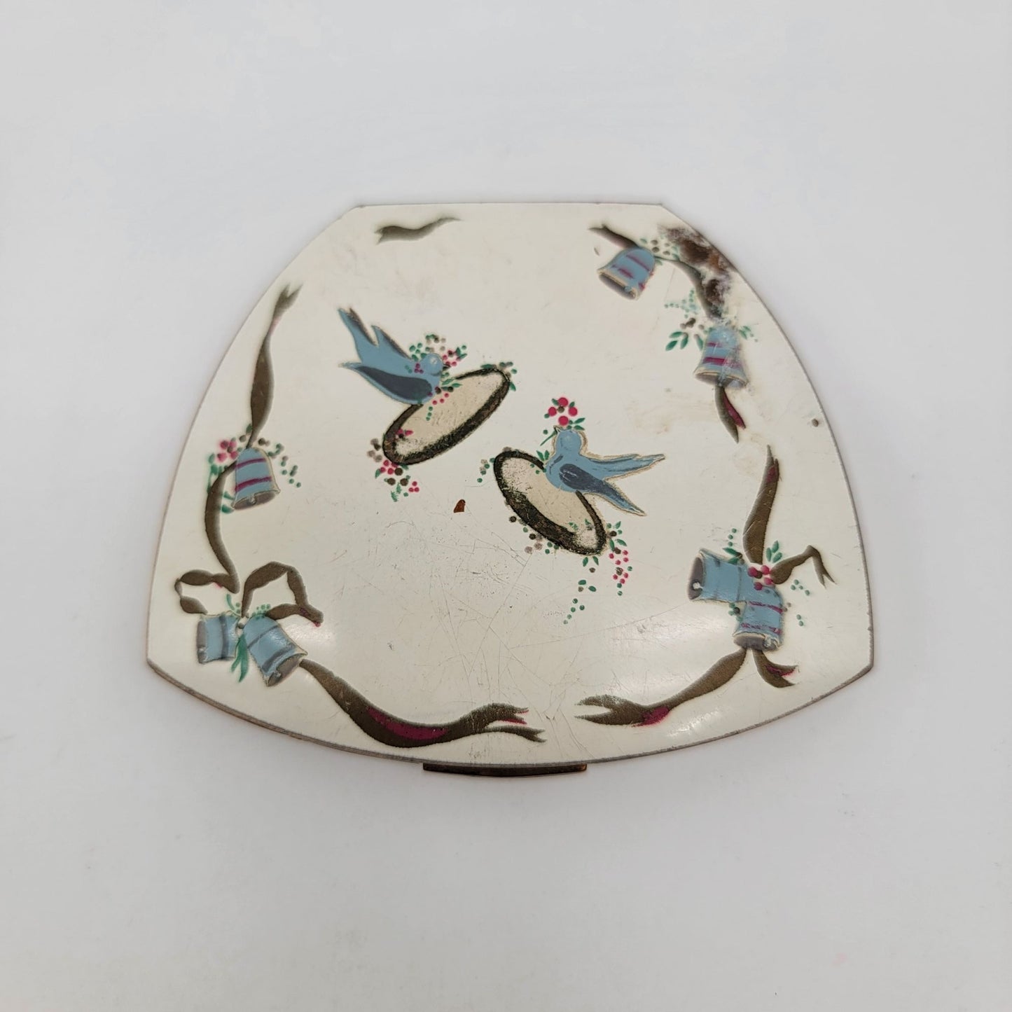 Vintage 1940s Elgin American Wedding Motif Powder Compact With Bluebirds