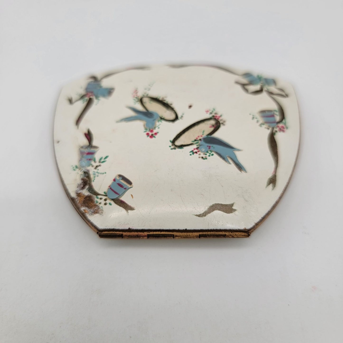 Vintage 1940s Elgin American Wedding Motif Powder Compact With Bluebirds