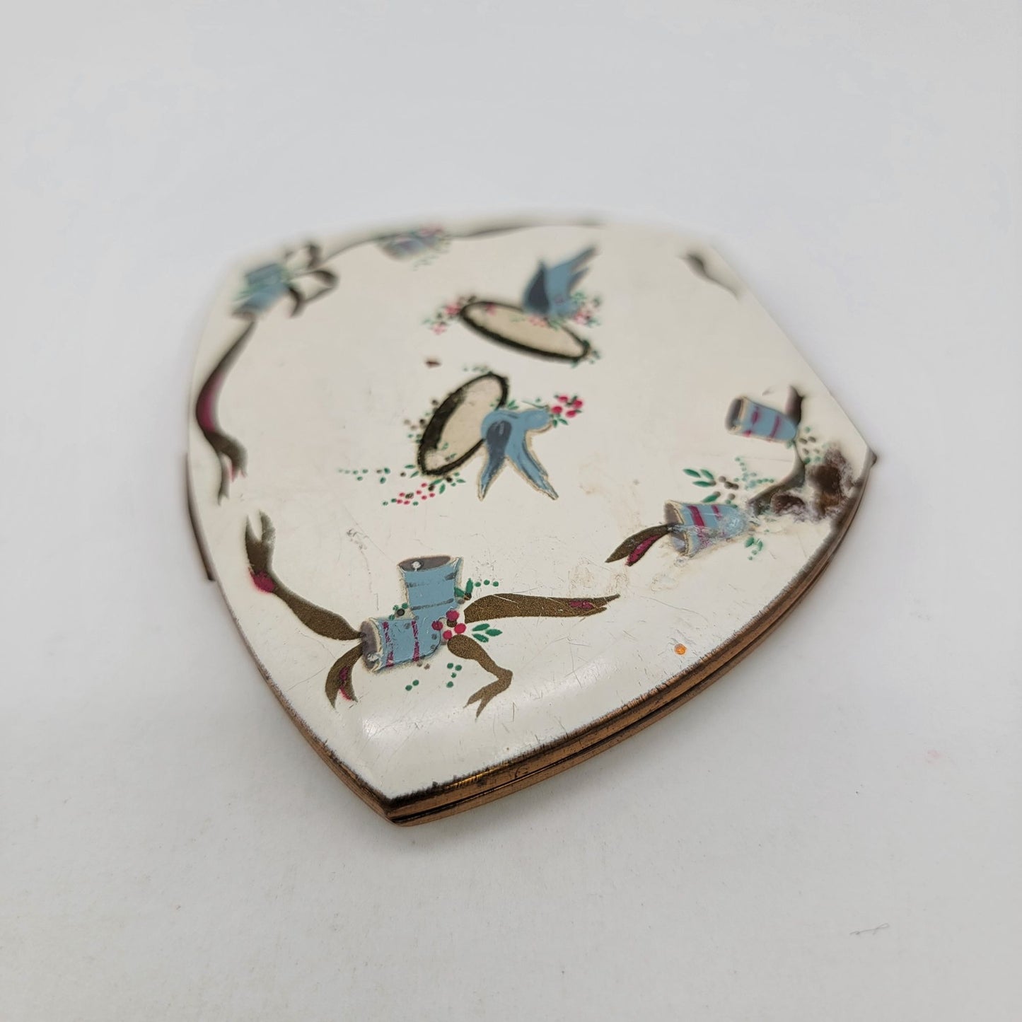 Vintage 1940s Elgin American Wedding Motif Powder Compact With Bluebirds