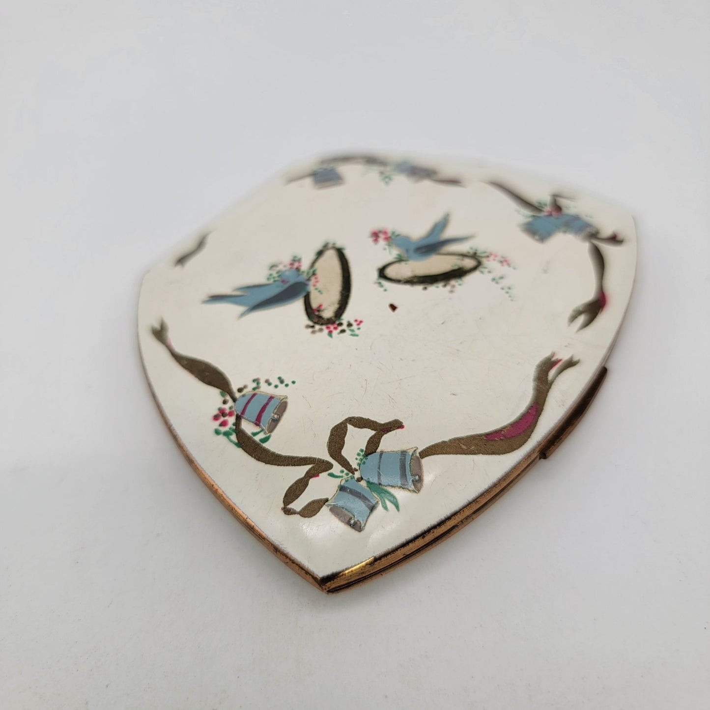 Vintage 1940s Elgin American Wedding Motif Powder Compact With Bluebirds