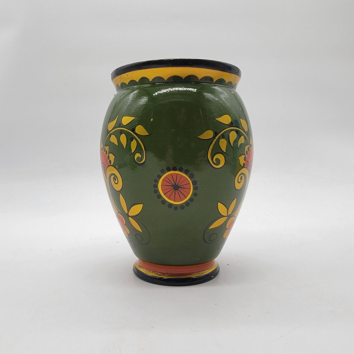 Vintage Green Khokhloma Lacquered Floral Wood Vase