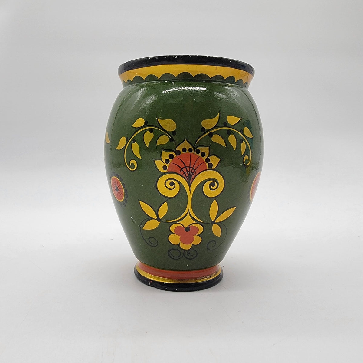 Vintage Green Khokhloma Lacquered Floral Wood Vase