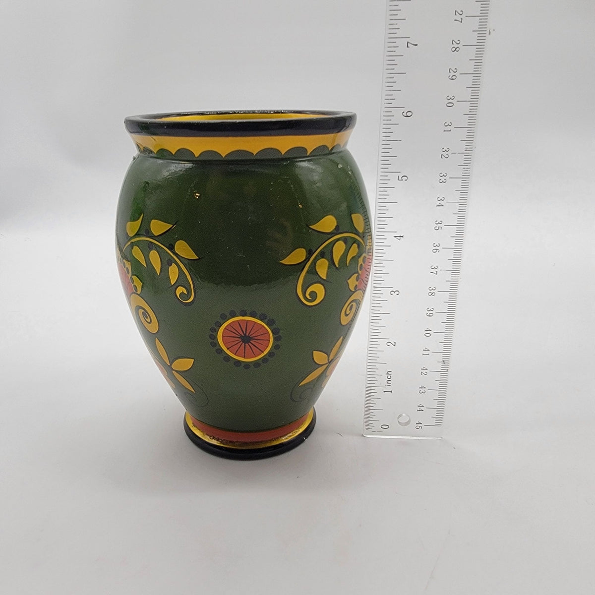 Vintage Green Khokhloma Lacquered Floral Wood Vase