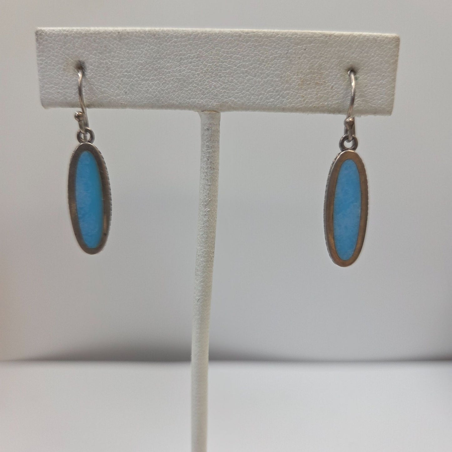 Navajo Signed 925 Sterling Silver Sleeping Beauty Turquoise Oval Dangle Earrings