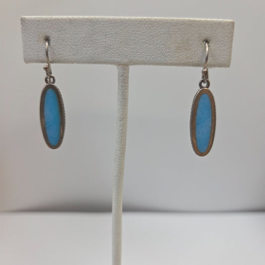 Navajo Signed 925 Sterling Silver Sleeping Beauty Turquoise Oval Dangle Earrings