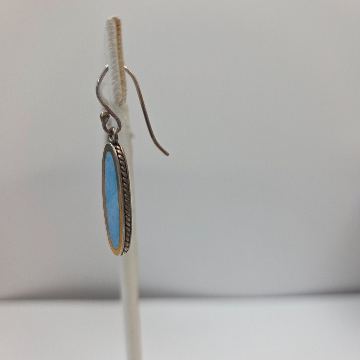 Navajo Signed 925 Sterling Silver Sleeping Beauty Turquoise Oval Dangle Earrings