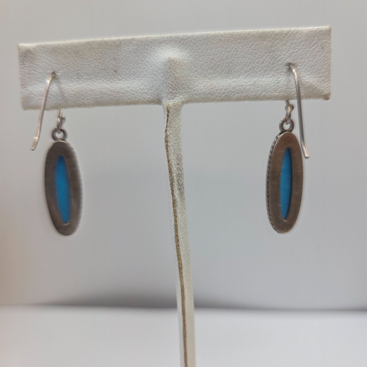 Navajo Signed 925 Sterling Silver Sleeping Beauty Turquoise Oval Dangle Earrings