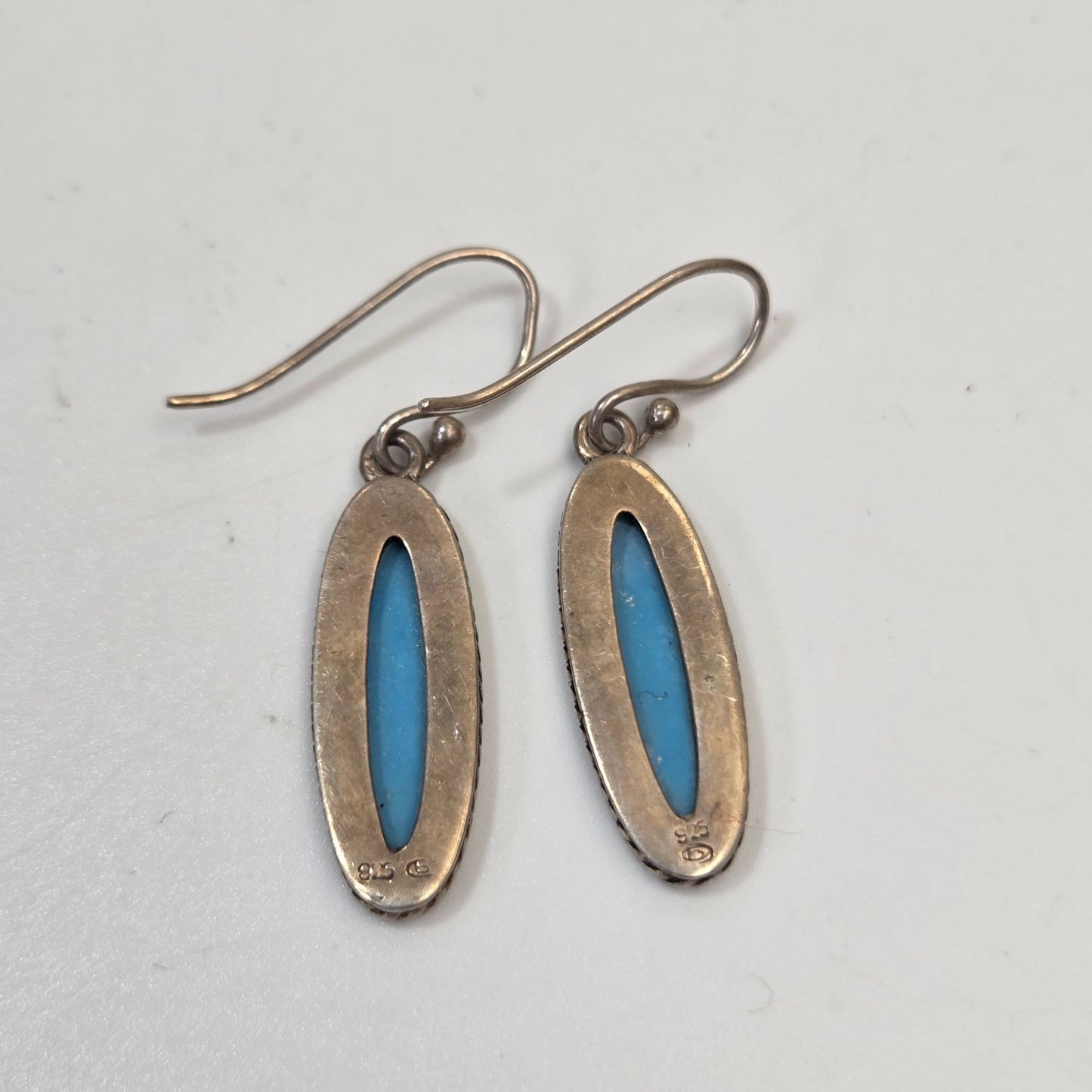 Navajo Signed 925 Sterling Silver Sleeping Beauty Turquoise Oval Dangle Earrings