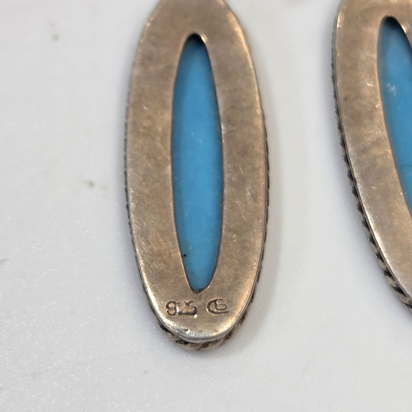 Navajo Signed 925 Sterling Silver Sleeping Beauty Turquoise Oval Dangle Earrings