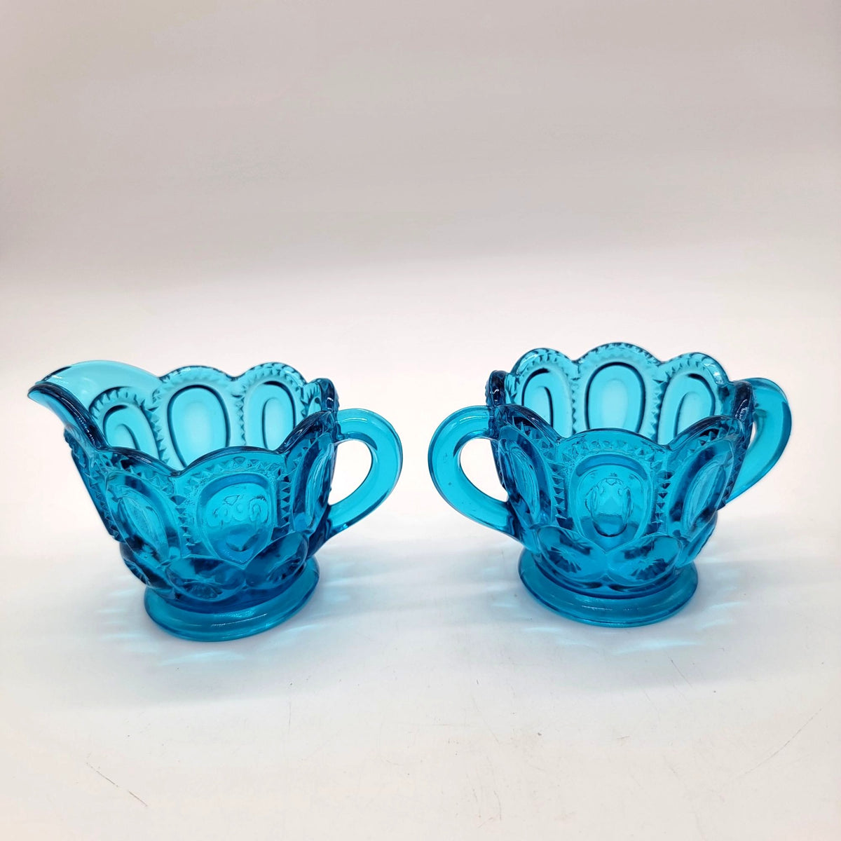 1960s L.E. Smith Glass Moon & Stars Colonial Blue Cream And Sugar Set