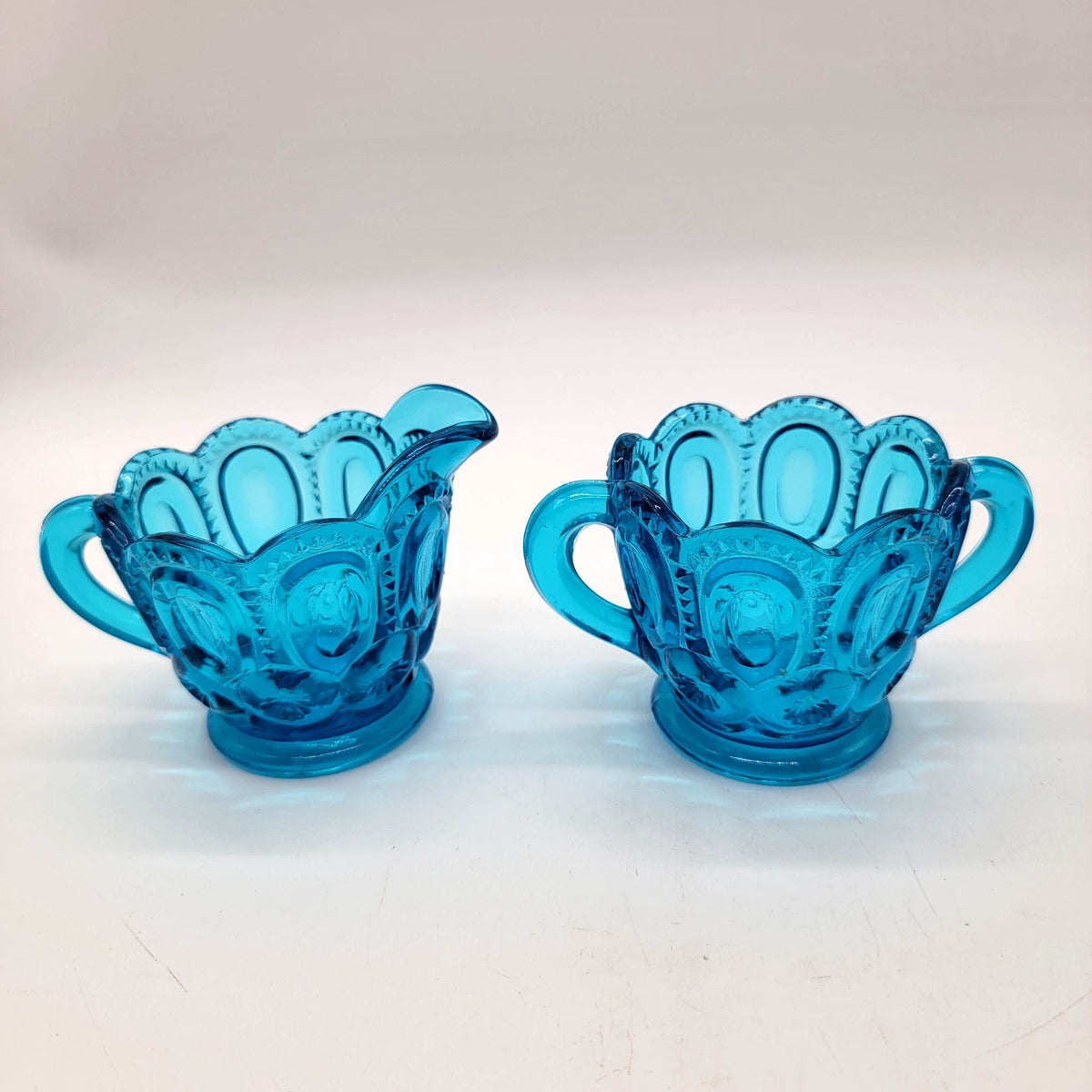 1960s L.E. Smith Glass Moon & Stars Colonial Blue Cream And Sugar Set
