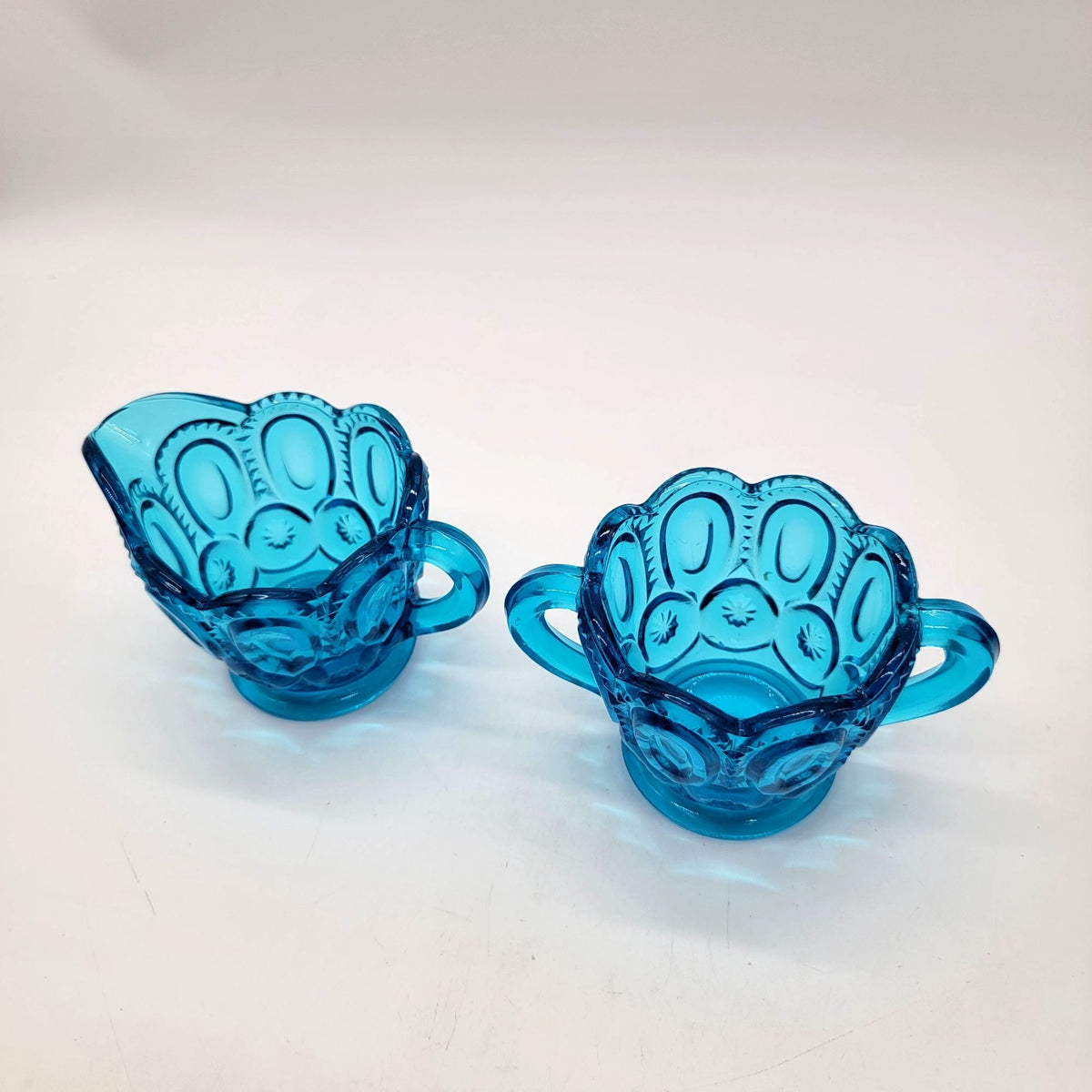 1960s L.E. Smith Glass Moon & Stars Colonial Blue Cream And Sugar Set