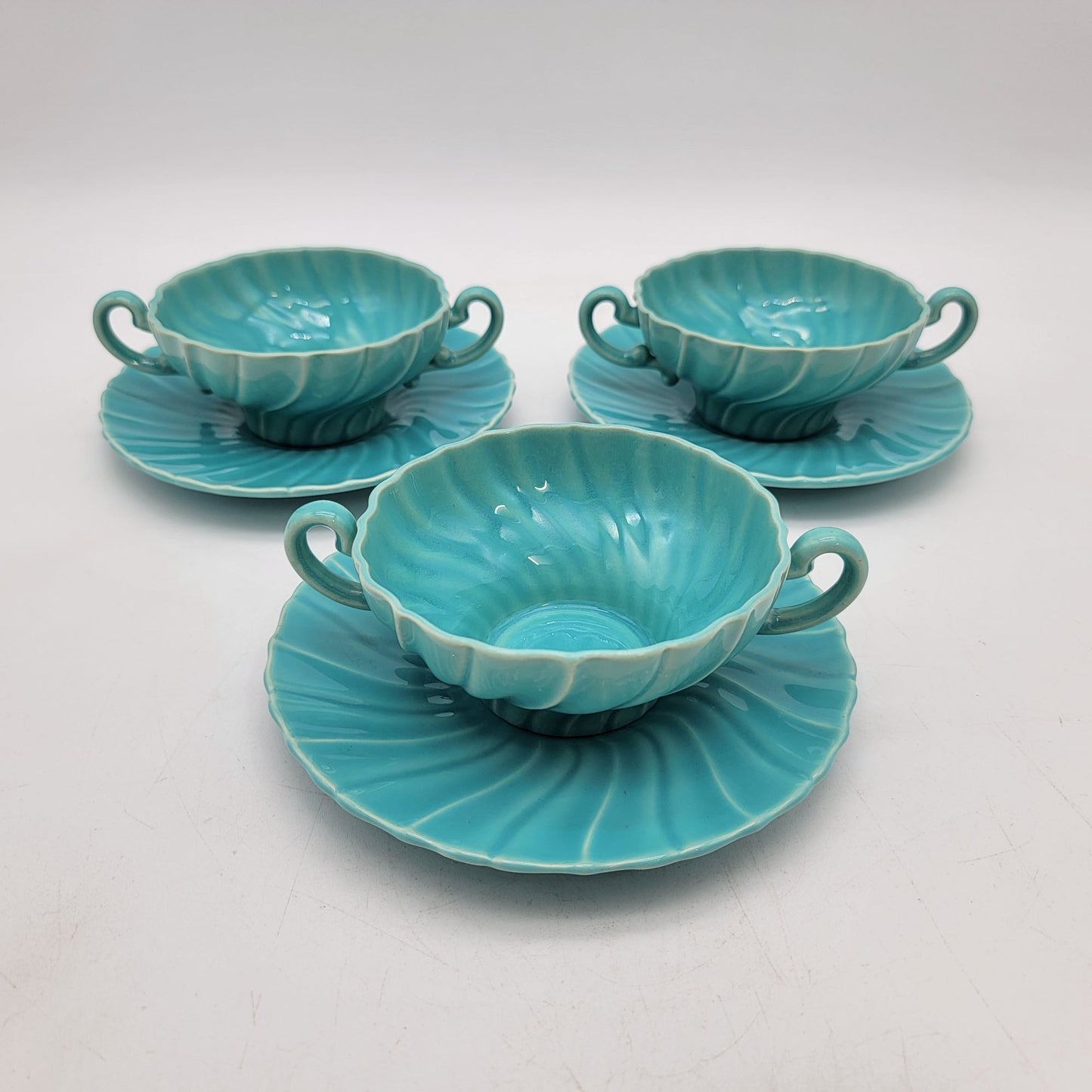 Franciscan Coronado Turquoise Blue Double Handled Mugs or Soup Bowls With Matching Saucers Set Of 3