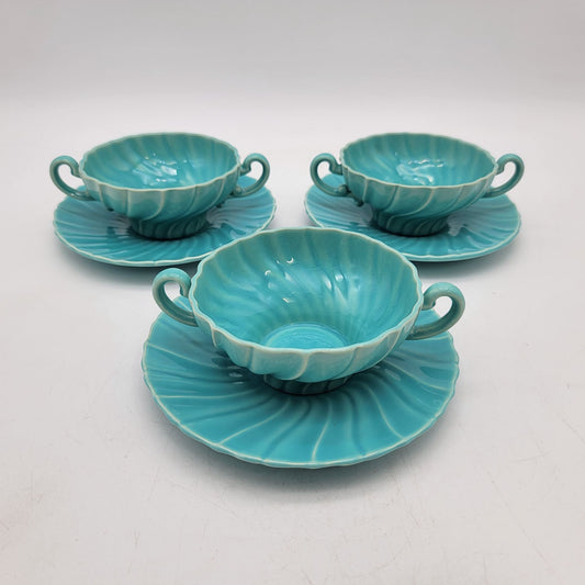 Franciscan Coronado Turquoise Blue Double Handled Mugs or Soup Bowls With Matching Saucers Set Of 3