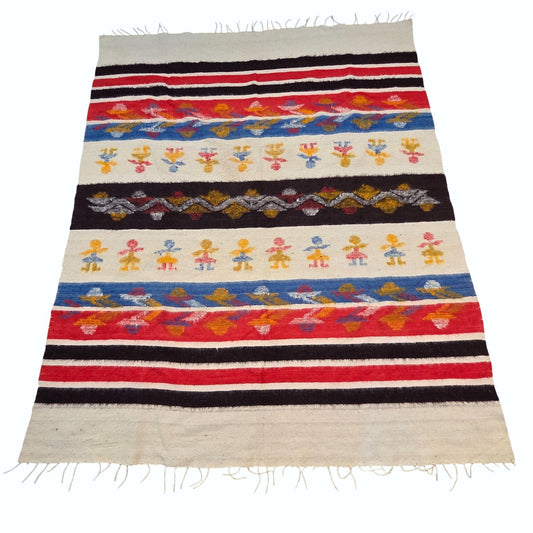 Vintage Guatemalan Handwoven Wool Blanket With Colorful Folk Art Patterns