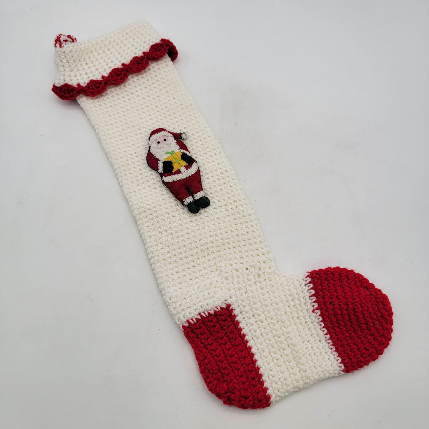 Vintage Hand Crocheted Santa Christmas Stocking White & Red