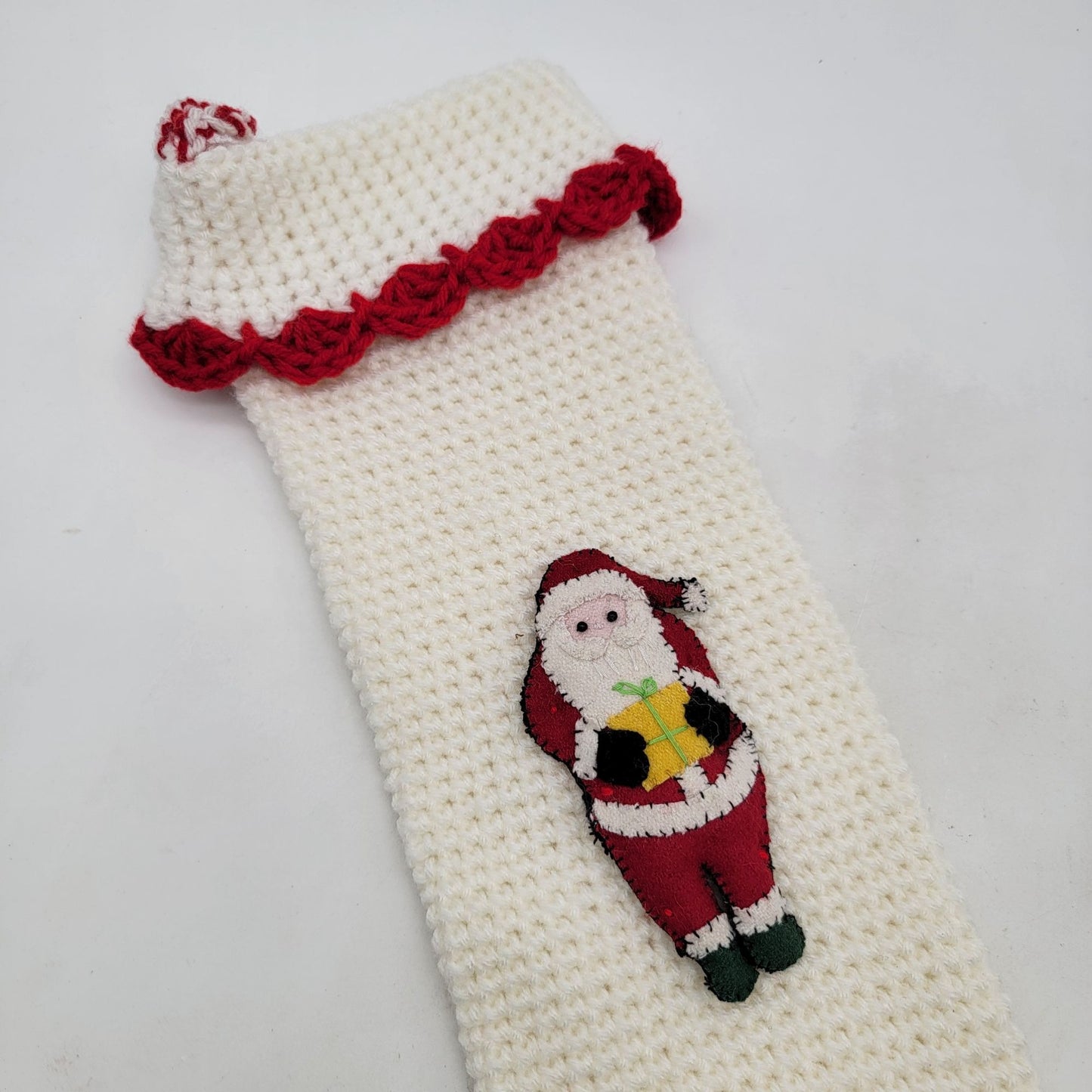 Vintage Hand Crocheted Santa Christmas Stocking White & Red