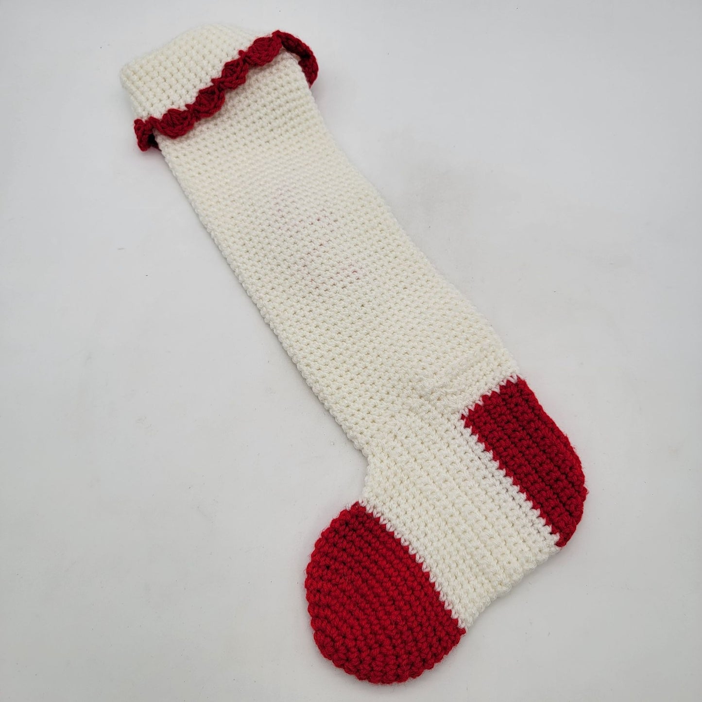Vintage Hand Crocheted Santa Christmas Stocking White & Red
