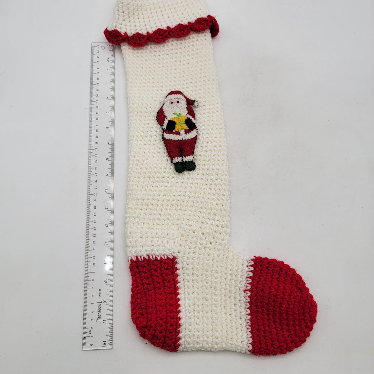 Vintage Hand Crocheted Santa Christmas Stocking White & Red