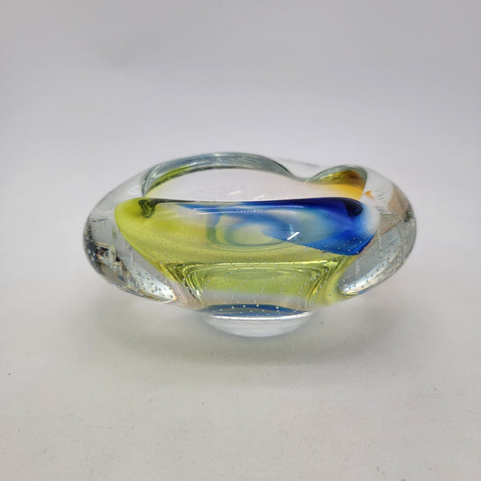 Vintage Archimede Seguso Murano Bullicante Art Glass Bowl With Yellow & Blue Swirls