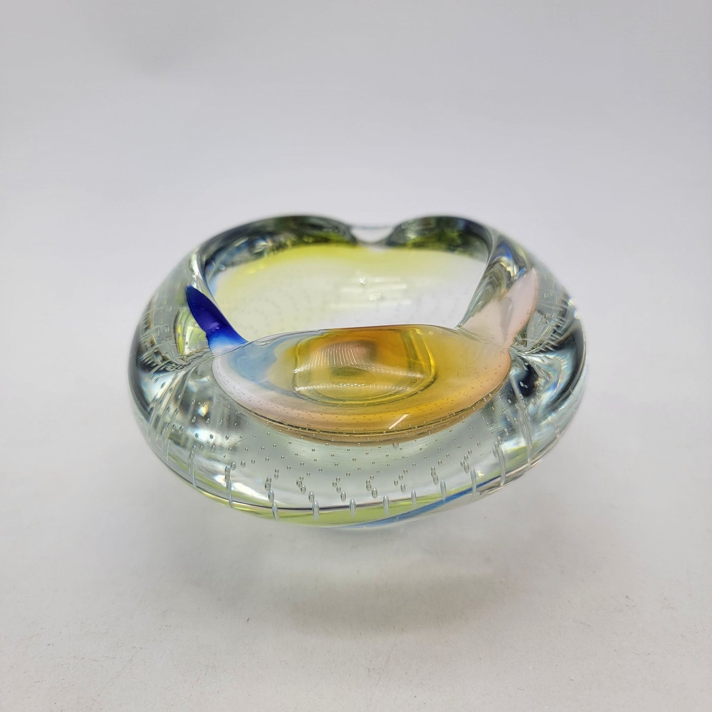 Vintage Archimede Seguso Murano Bullicante Art Glass Bowl With Yellow & Blue Swirls