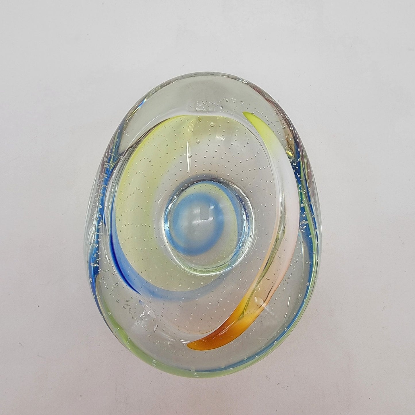 Vintage Archimede Seguso Murano Bullicante Art Glass Bowl With Yellow & Blue Swirls