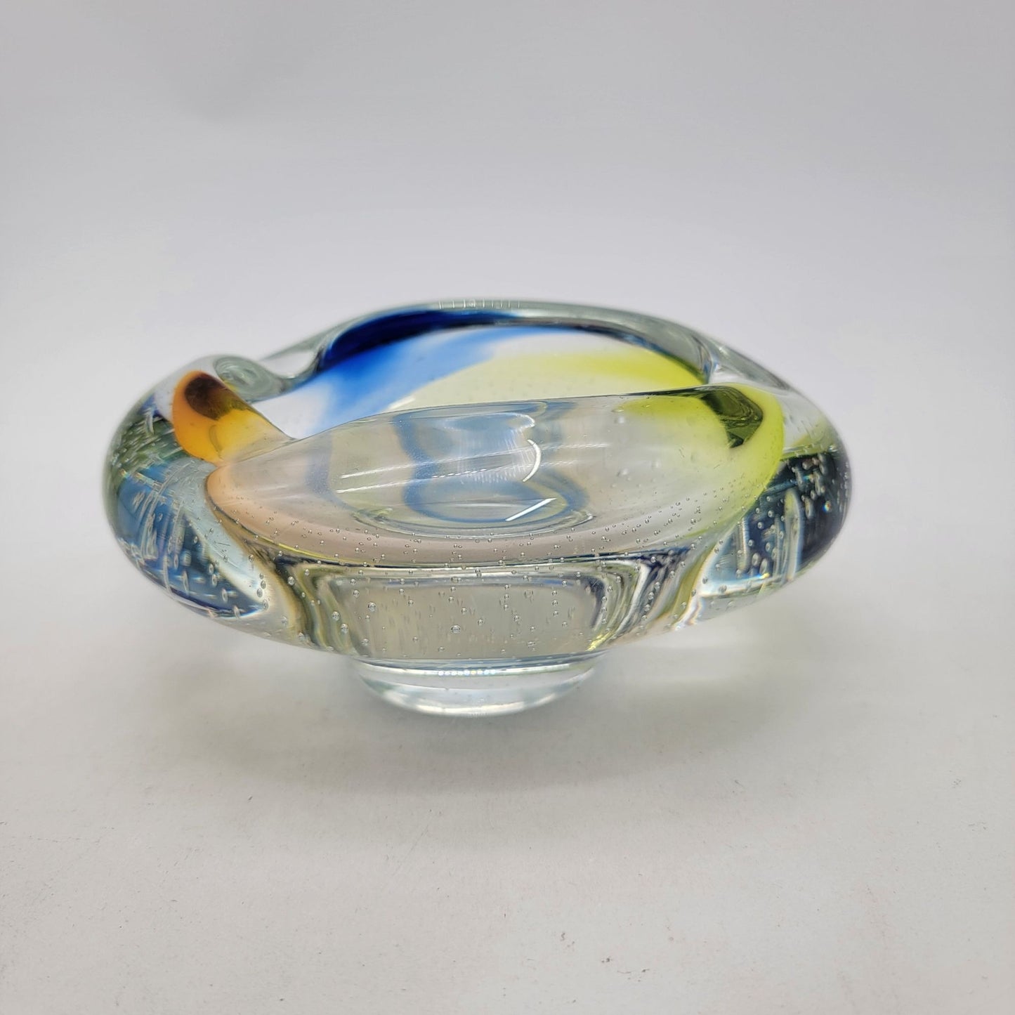 Vintage Archimede Seguso Murano Bullicante Art Glass Bowl With Yellow & Blue Swirls