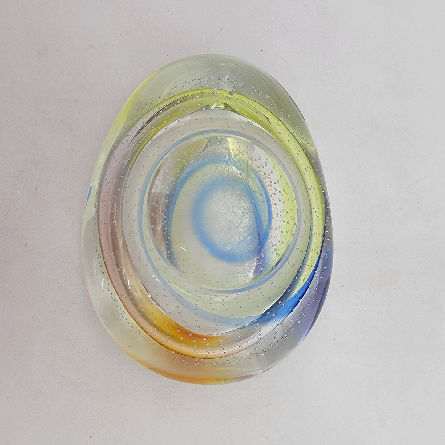 Vintage Archimede Seguso Murano Bullicante Art Glass Bowl With Yellow & Blue Swirls