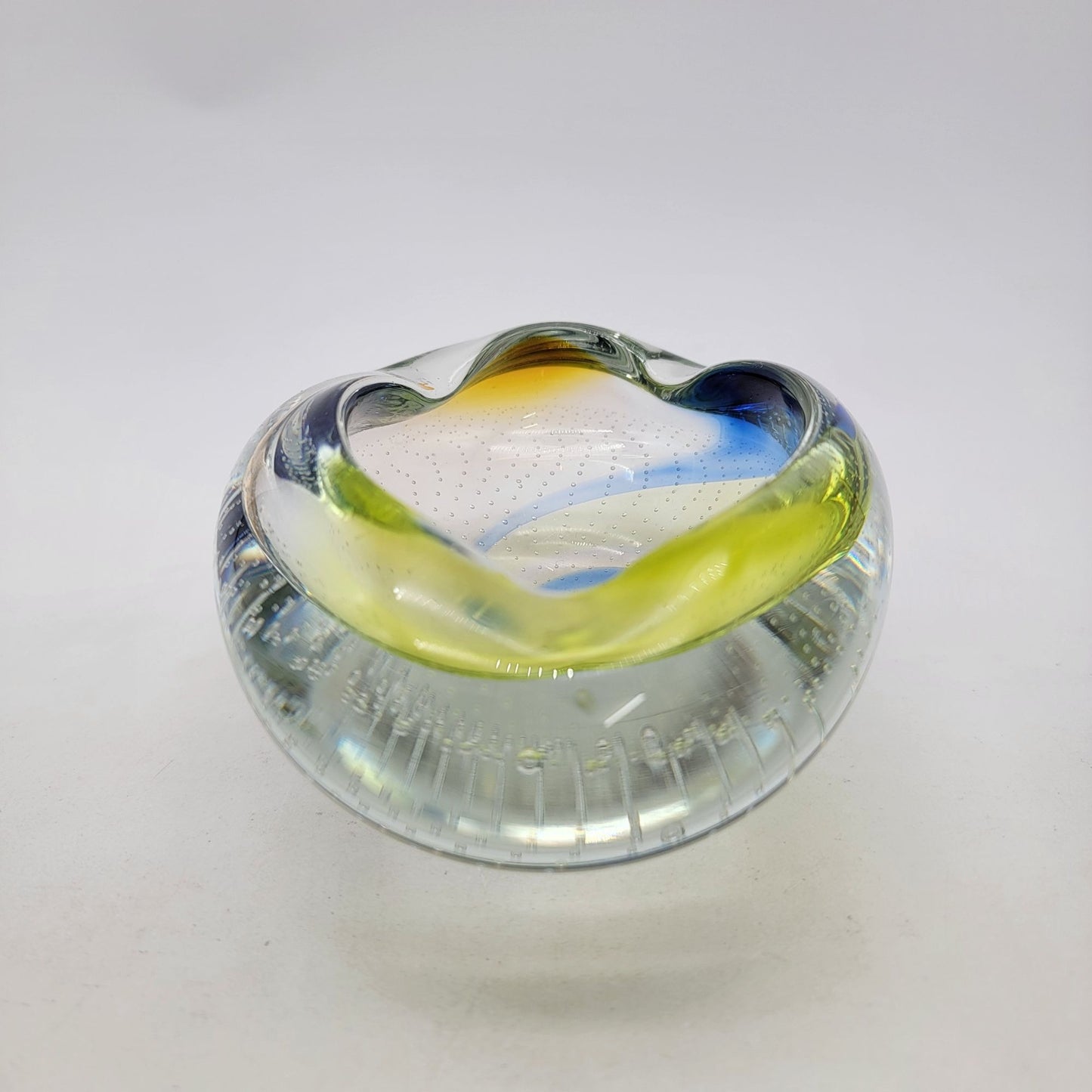 Vintage Archimede Seguso Murano Bullicante Art Glass Bowl With Yellow & Blue Swirls