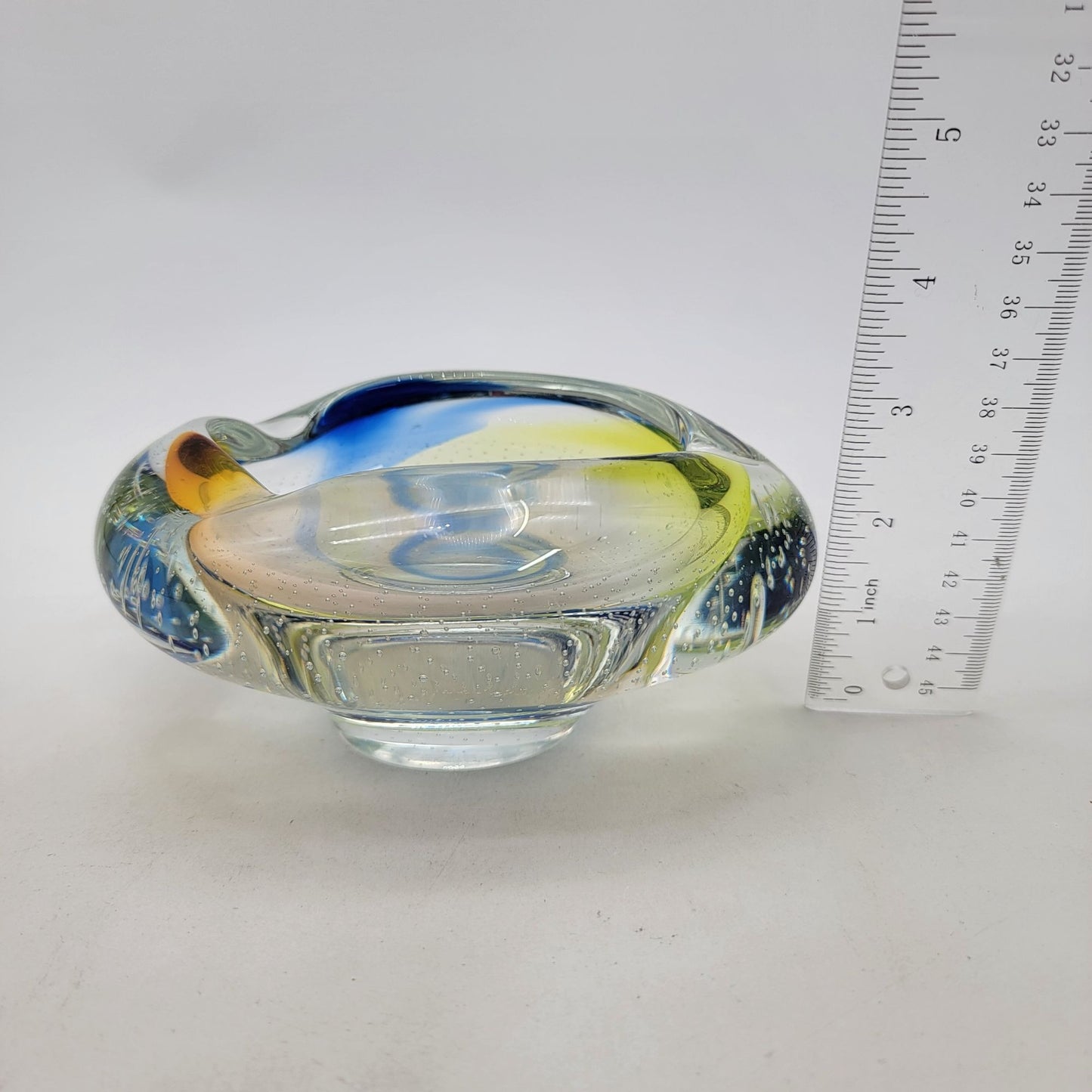 Vintage Archimede Seguso Murano Bullicante Art Glass Bowl With Yellow & Blue Swirls