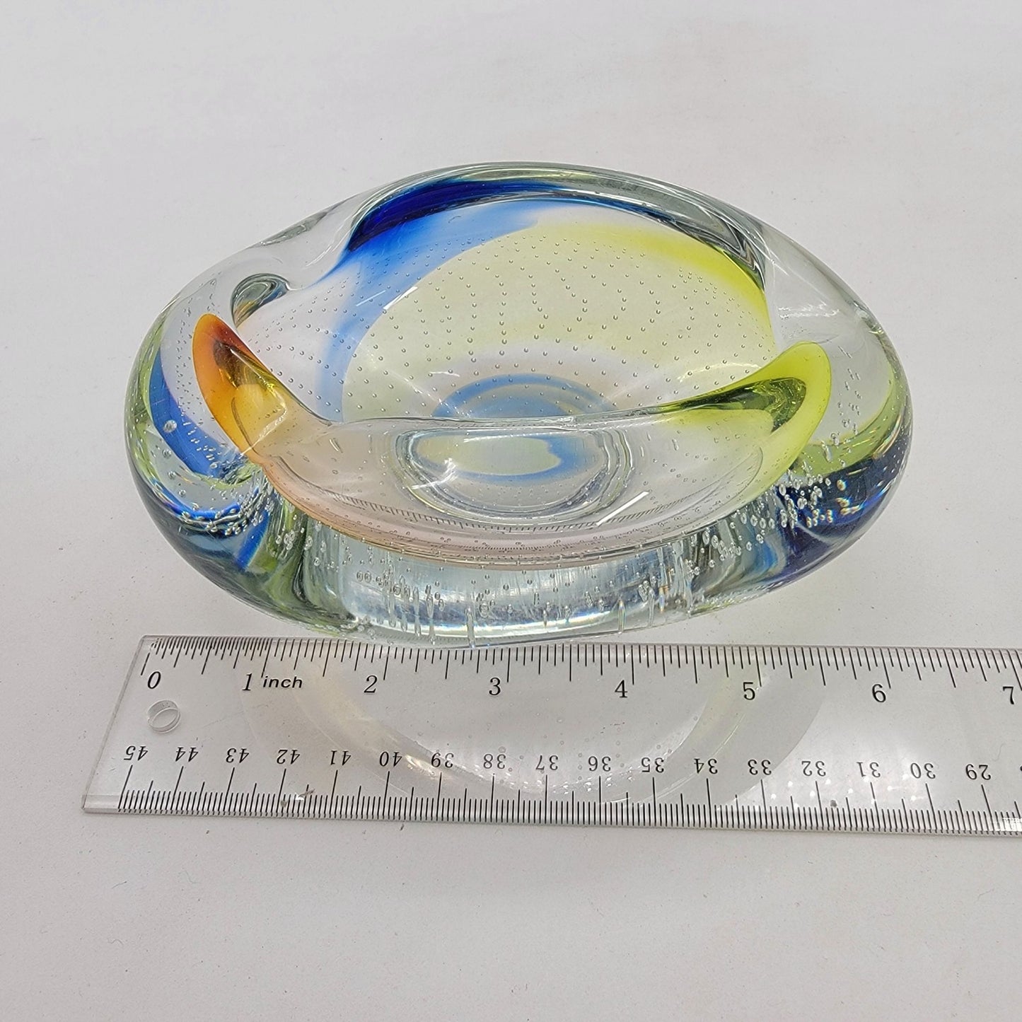 Vintage Archimede Seguso Murano Bullicante Art Glass Bowl With Yellow & Blue Swirls