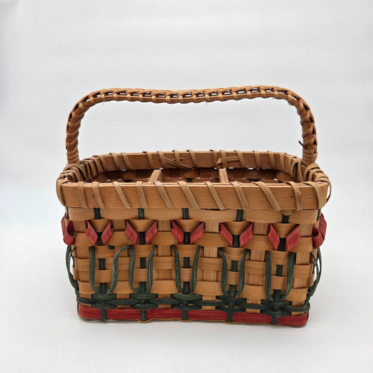 Vintage Splint Wood Woven Divided Basket With Tulips