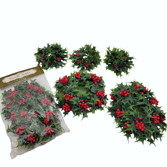 Vintage Holly Leaf Candle Rings Kitsch Christmas Decor 6 Pcs Made In Hong Kong By Colonial Candle Co.