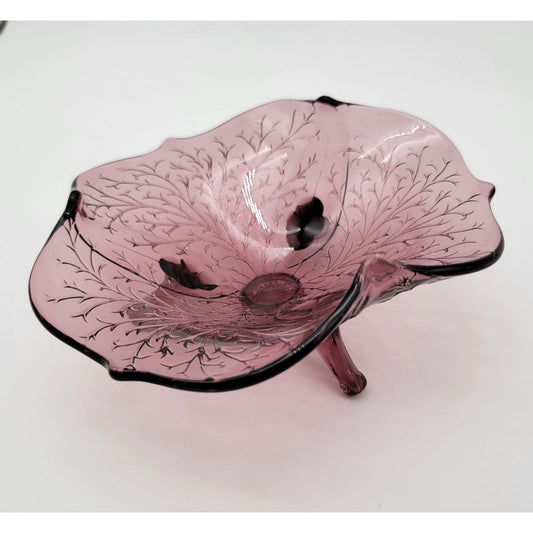 Vintage 1930s Fenton Amethyst Glass Silvertone Wisteria 3-Footed Bowl