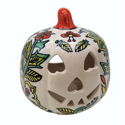 Talavera Style Halloween Pumpkin Jack-O-Lantern White with Green and Yellow Flowers