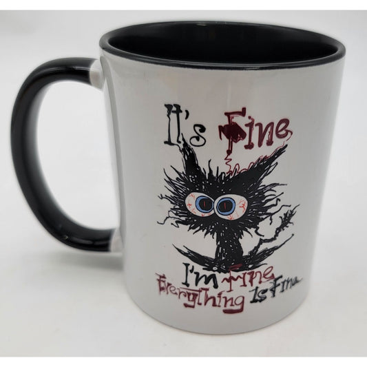 "Its Fine" Funny Cat Mug With Black Handle & Interior