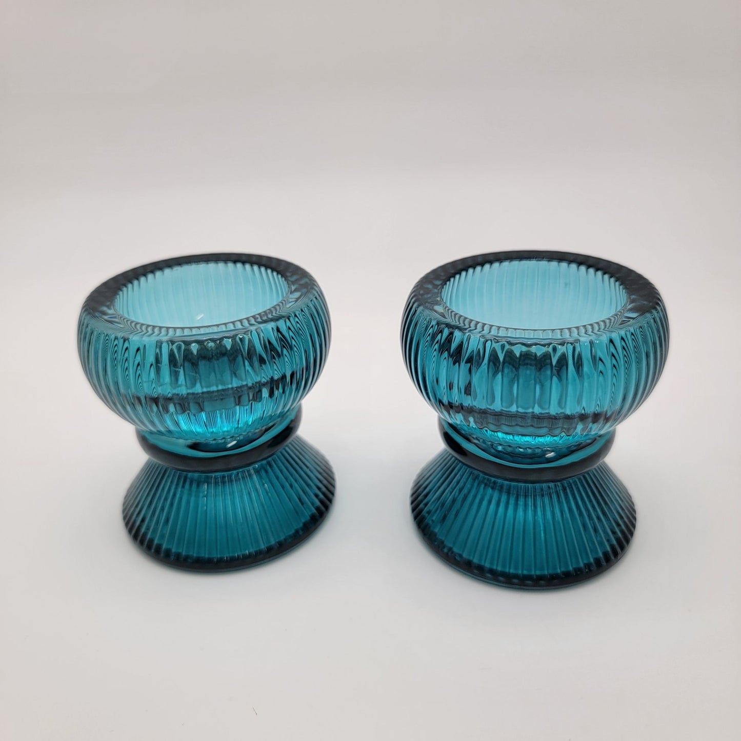 Vintage Teal Ribbed Glass Candle Holders - Reversible Votive Candlestick Set